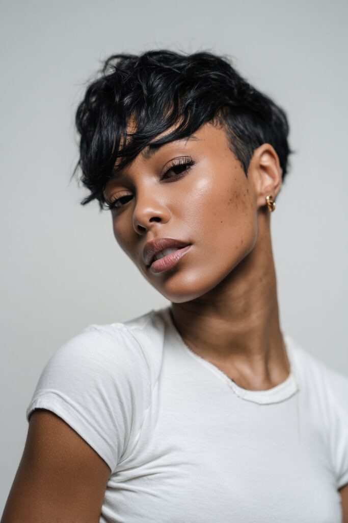 Realistic pixie wig styled like Jayda Wayda’s signature look, with a deep part and high-shine curls, worn by a beautiful Black model.