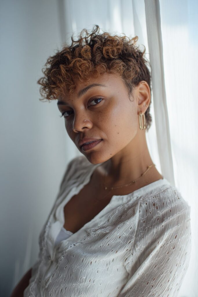 African-American model with tight, defined curls styled into a natural pixie cut, Jayda Wayda-inspired with minimal makeup.