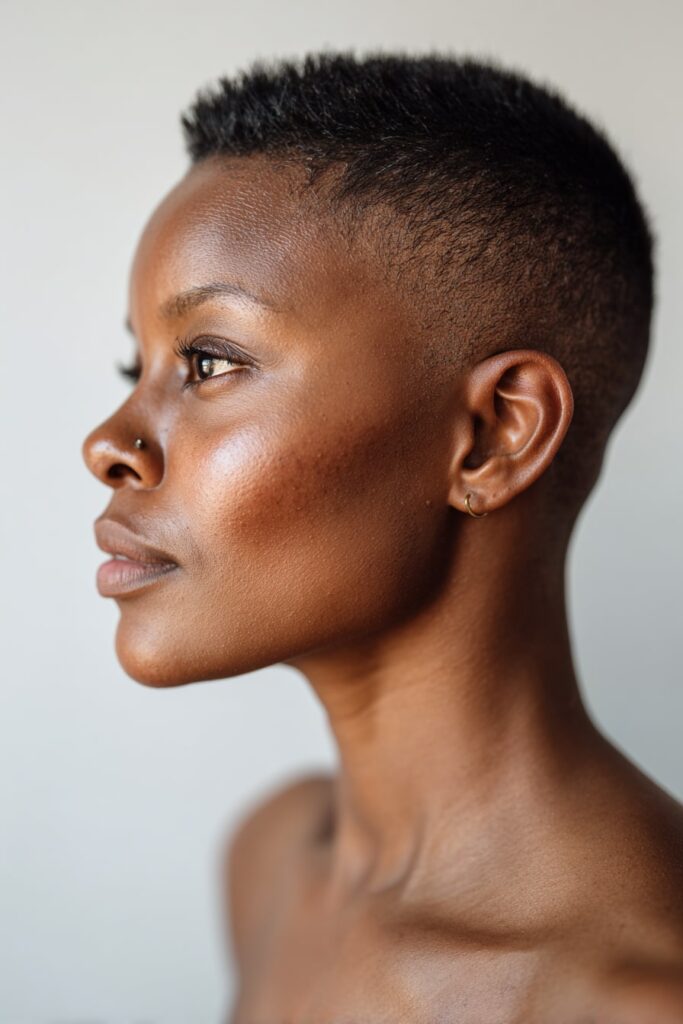 Jayda Wayda-style pixie haircut with sculpted baby hairs and a precise side part, styled on a glamorous Black woman with soft lighting.