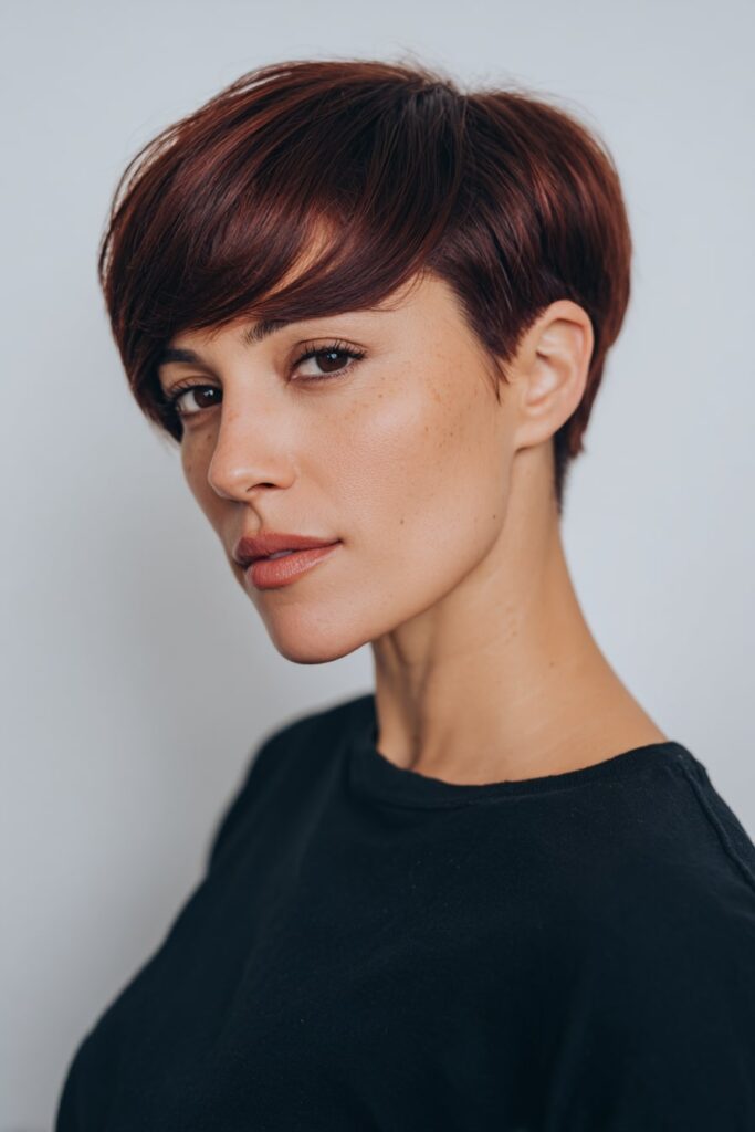 90s-inspired pixie cut with long, sweeping side bangs and smooth layers, dark auburn color, soft glam makeup, photographed on a white seamless background.