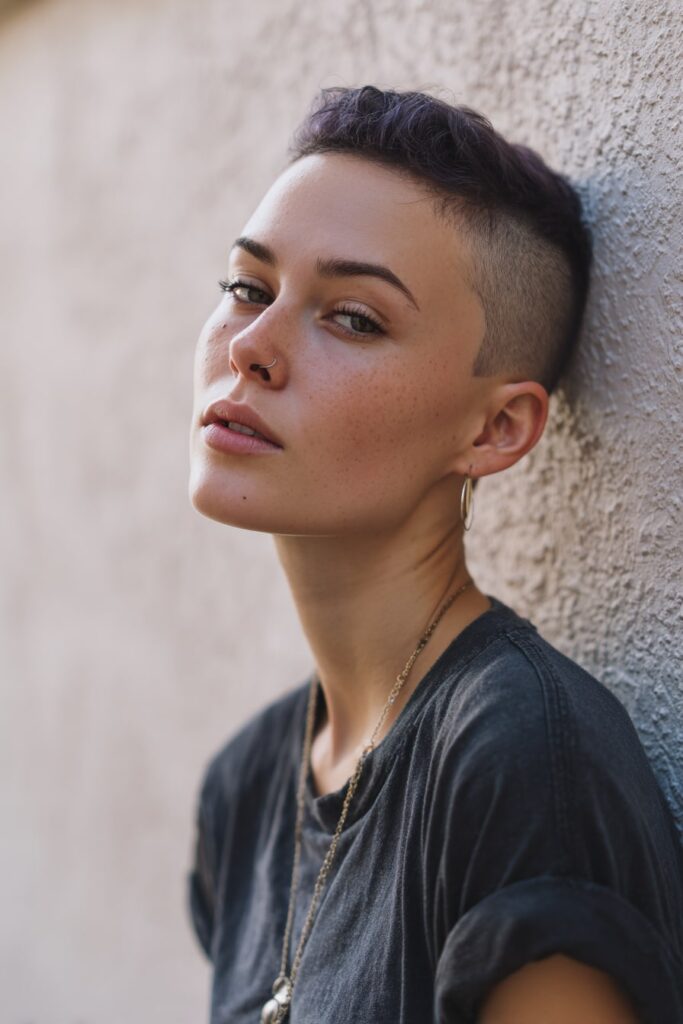 Edgy Jayda Wayda-inspired pixie cut featuring creative undercut patterns, sleek top with a clean shape-up, styled on a confident Black woman.