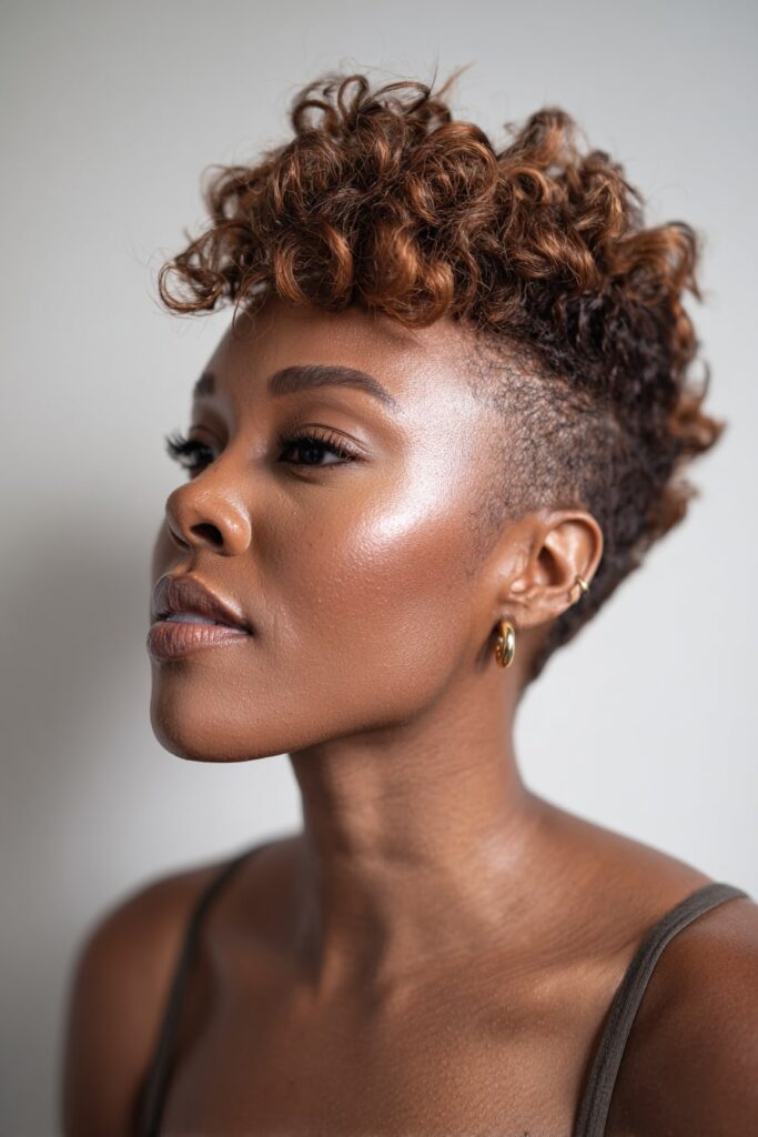 High-volume pixie cut inspired by Jayda Wayda, featuring a full crown with sleek tapered sides and a glowing complexion.