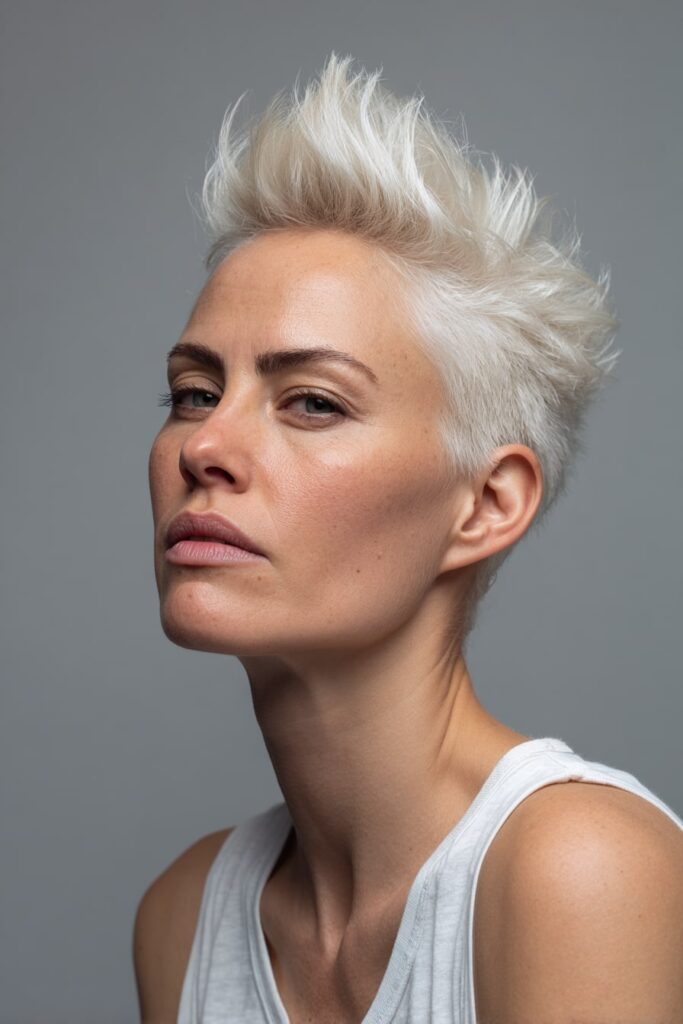 Ultra-short platinum blonde hairstyle with clean, pointed spikes throughout, giving a crisp, icy look with minimal makeup and white wardrobe.