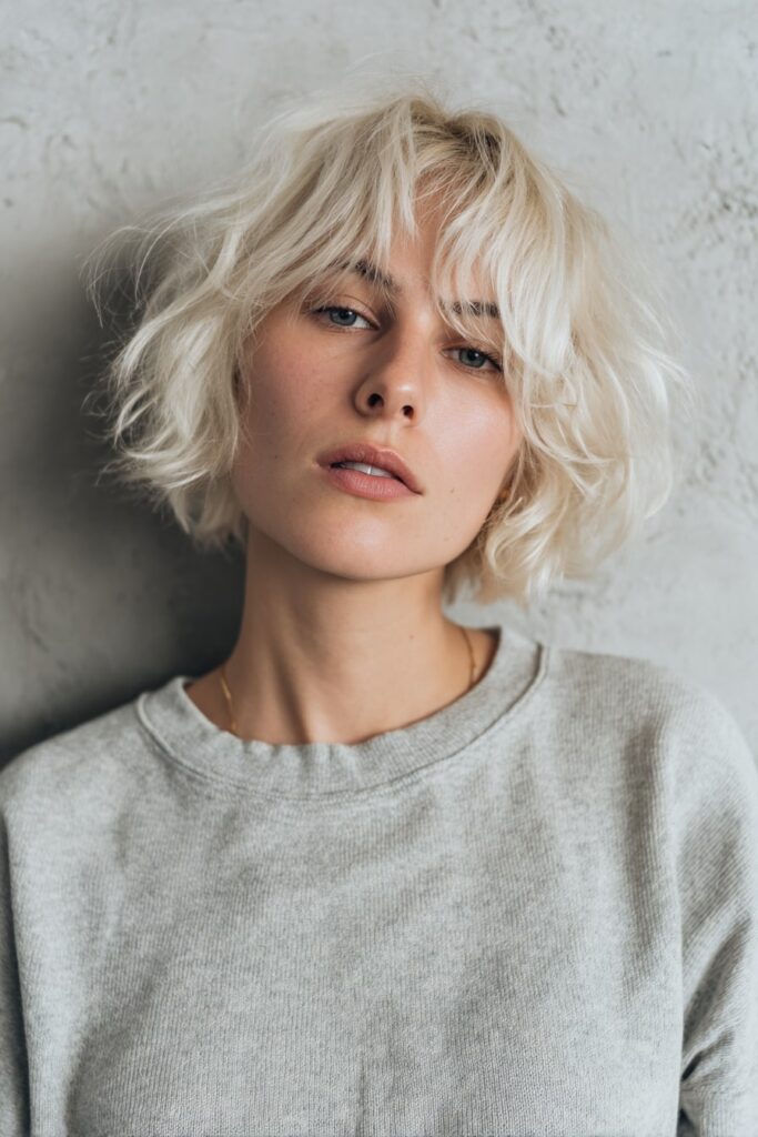 American woman with platinum blonde chin-length bob, choppy waves and tousled texture for a messy finish, styled against a soft gray fabric background.
