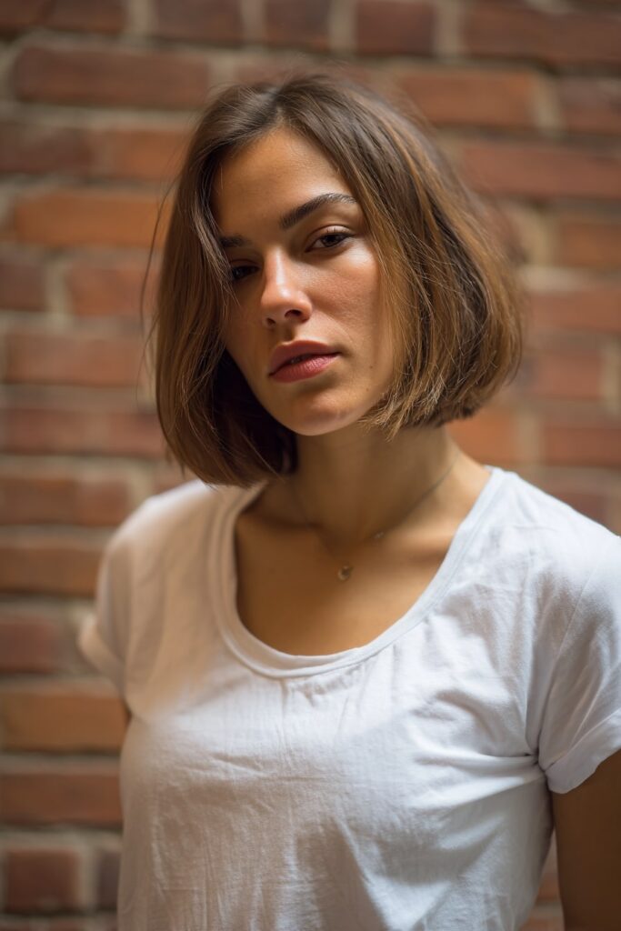 Female model with medium-length point-cut bob, styled with caramel balayage highlights and soft texture through the ends, posing against a rustic brick background.