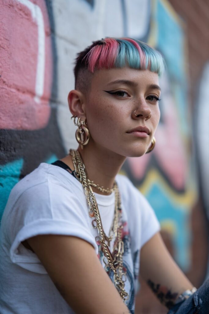 Colorful punk-style 90s pixie haircut with neon pink and blue streaks, shaved sides and bold fringe, graphic makeup, photographed in front of a graffiti-covered wall.