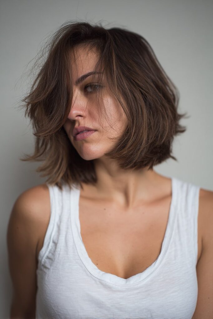 Model with a collarbone-grazing razor-cut lob, textured ends and tousled styling, side part with natural brown tones, minimal makeup, posed against a clean white background.