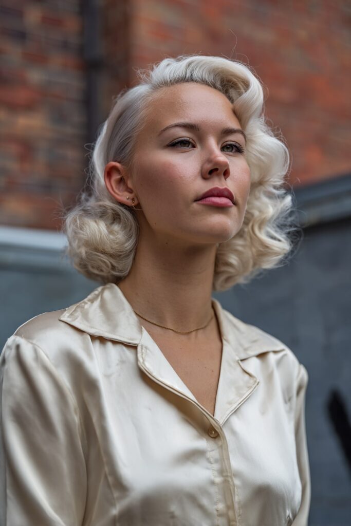 Short wavy platinum blonde bob styled in vintage-inspired finger waves, deep side part and glamorous finish, photographed against an urban brick wall.