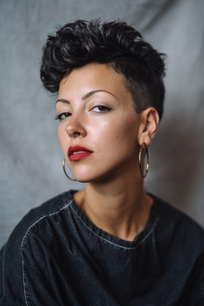 American model with a retro-style pixie haircut, voluminous pompadour top and slicked-down sides, jet black with shine, hoop earrings, against a gray fabric background.