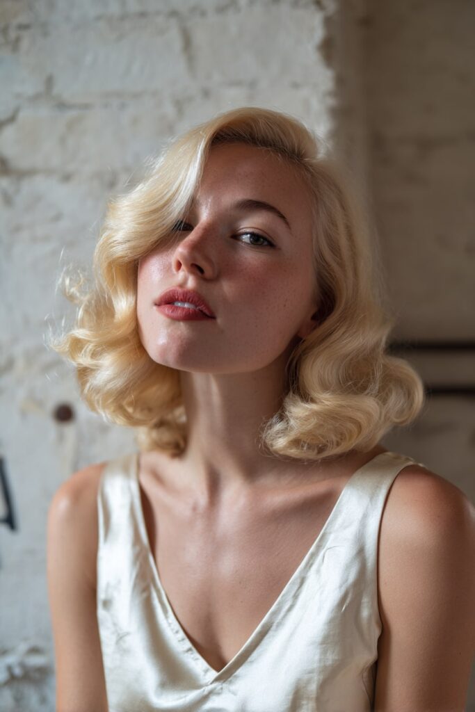 Model with medium bob haircut in champagne blonde, styled in distinct polished S-waves, retro-inspired with a side tuck, photographed on a vintage-style plaster wall.