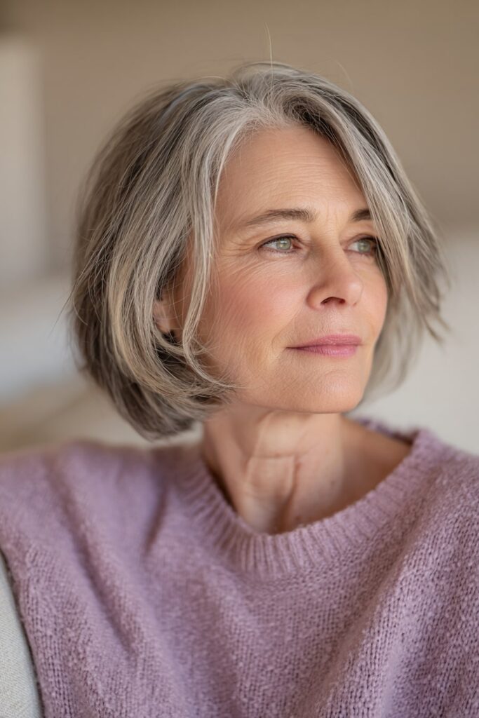 Confident senior with a salt and pepper stacked bob, naturally textured and parted to the side, neutral seamless backdrop.
