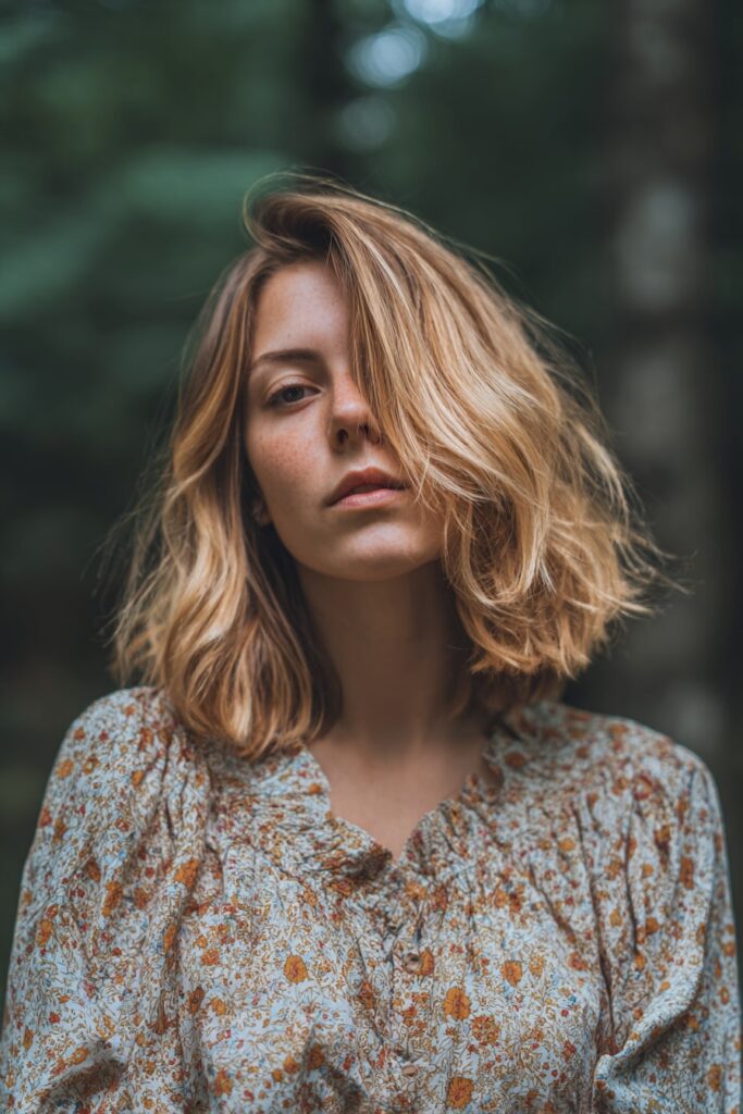Long-haired model styled to mimic a bob using pinned-under waves, soft sandy blonde tones and natural face-framing texture, set against a green outdoor backdrop.