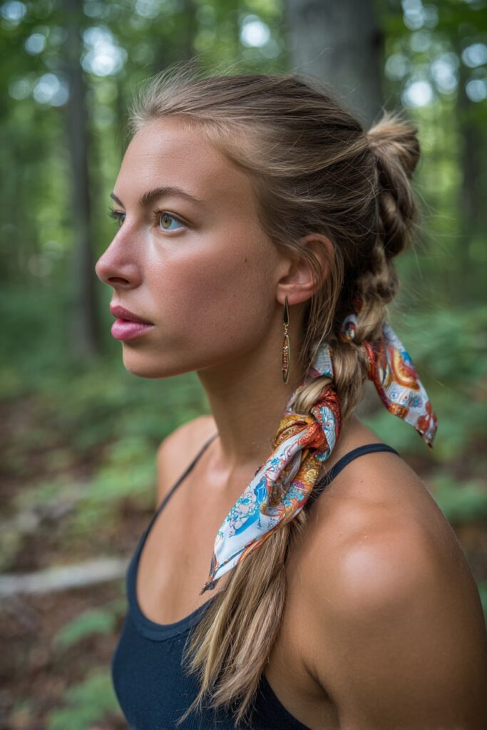 Creative scarf-wrapped braid updo for medium hair, colorful summer hairstyle with accessories