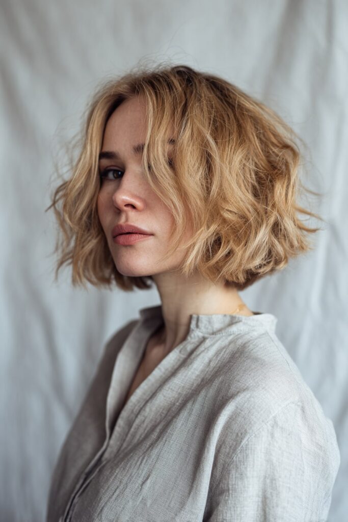 American model with a precise box-shaped bob haircut in soft champagne blonde, styled with gentle waves and a clean finish, photographed against a seamless white backdrop.