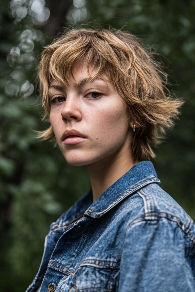Model with a tousled asymmetrical pixie cut featuring uneven choppy layers, soft light brown hair with golden highlights, styled in a messy, edgy look with a forest-edge background.