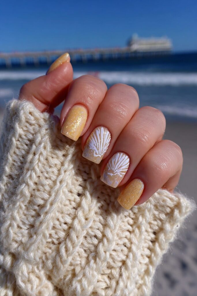 Beach-inspired nails featuring soft peach and beige shell textures with subtle metallic shimmer.
