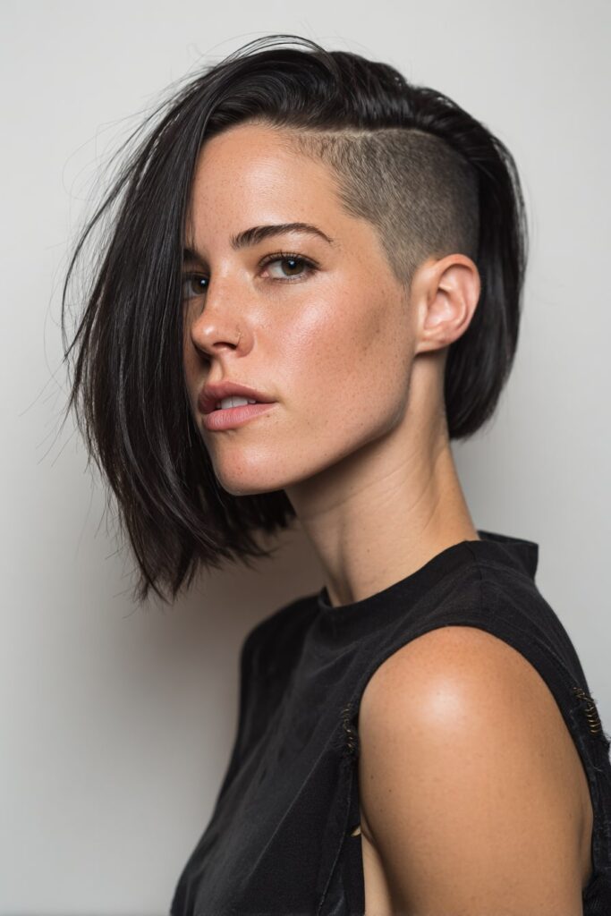 Woman with a dramatic asymmetrical bob, one side buzzed with an undercut and the other falling just past the chin, deep black color, sleek finish, shown on a white studio backdrop.