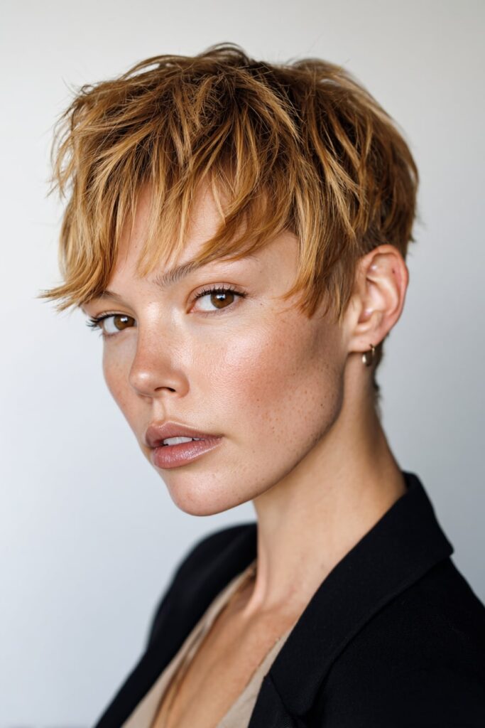 Bold asymmetrical short haircut with sharp angle and warm blonde highlights throughout, side-parted and styled with subtle volume, white studio backdrop for contrast.
