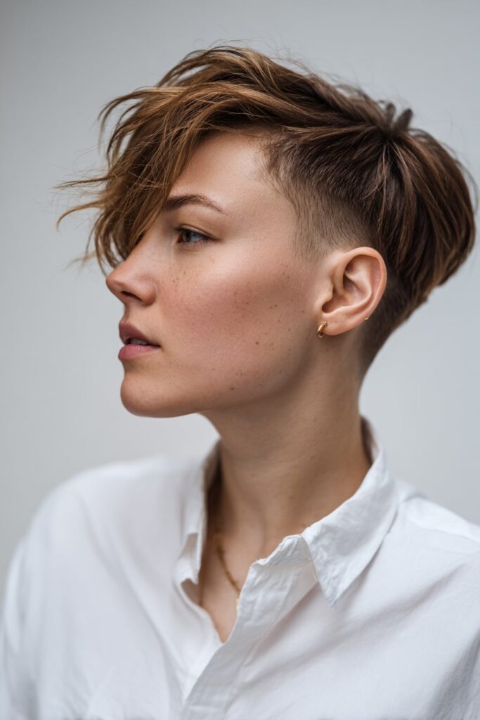 American woman with a short edgy haircut featuring lifted crown and voluminous layers, asymmetrically shaped with movement, deep brunette tone, styled cleanly on a white backdrop.