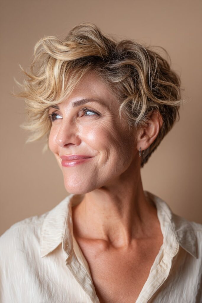 Confident older woman with a short layered inverted bob, wearing a flowy blouse, softly lit in a portrait studio setting.
