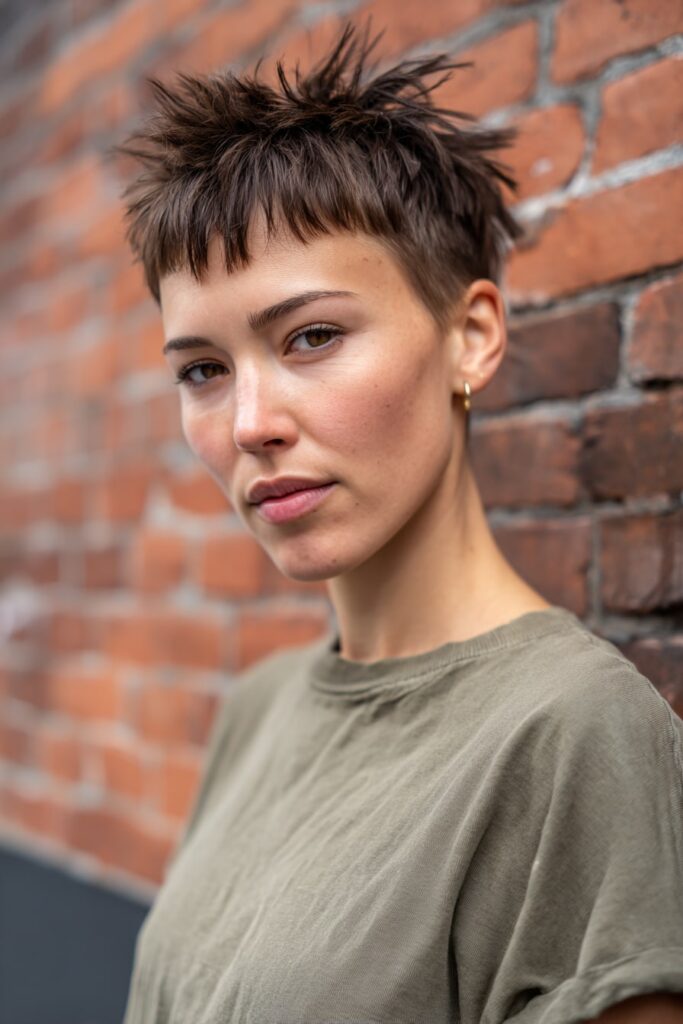 Short spiked hairstyle with added texture from sharp choppy bangs across the forehead, styled casually in a street-style outfit and brick backdrop.