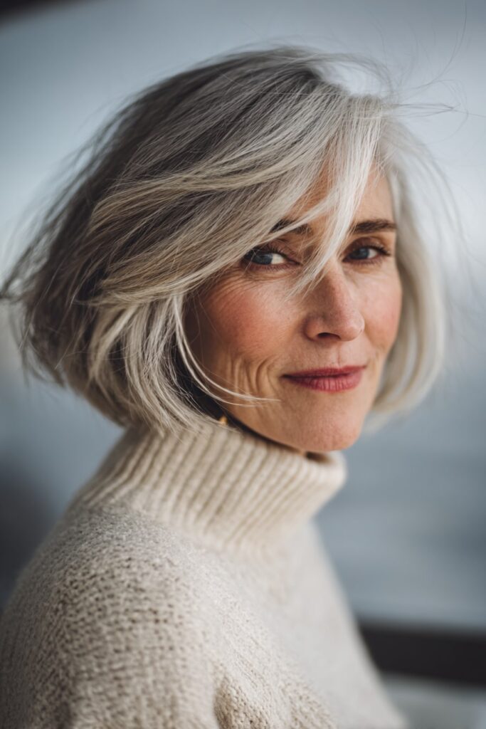 Elegant senior lady with a short stacked bob styled for thin hair, added volume at crown, clean backdrop with soft lighting.