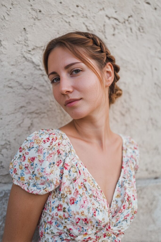 Side braid updo combining Dutch braid with low bun, stylish summer look for medium hair