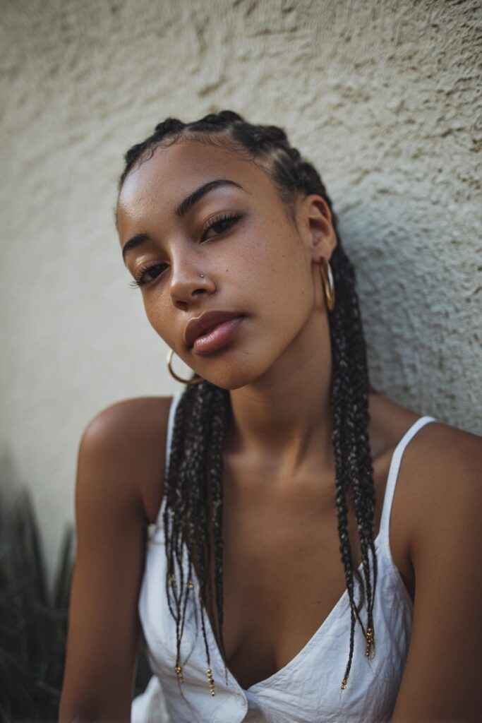 Jayda Wayda-style braids with a deep side part, decorated with beads and laid edges, giving a sleek side-swept look.