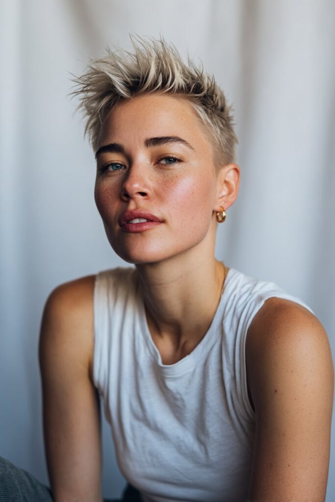 Short spiky pixie hairstyle with the top swept to one side, soft tousled volume and casual fringe, model dressed in minimal wear against a white backdrop.