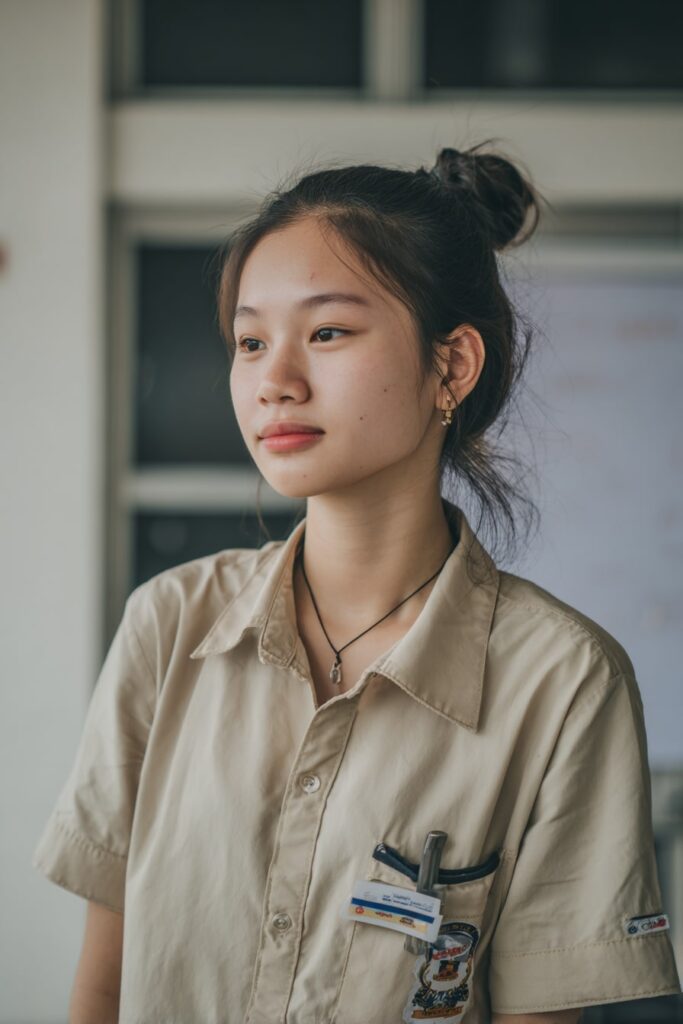 Student girl with a sleek low chignon bun, subtle makeup, and button-down school blouse, sitting near a classroom window.
