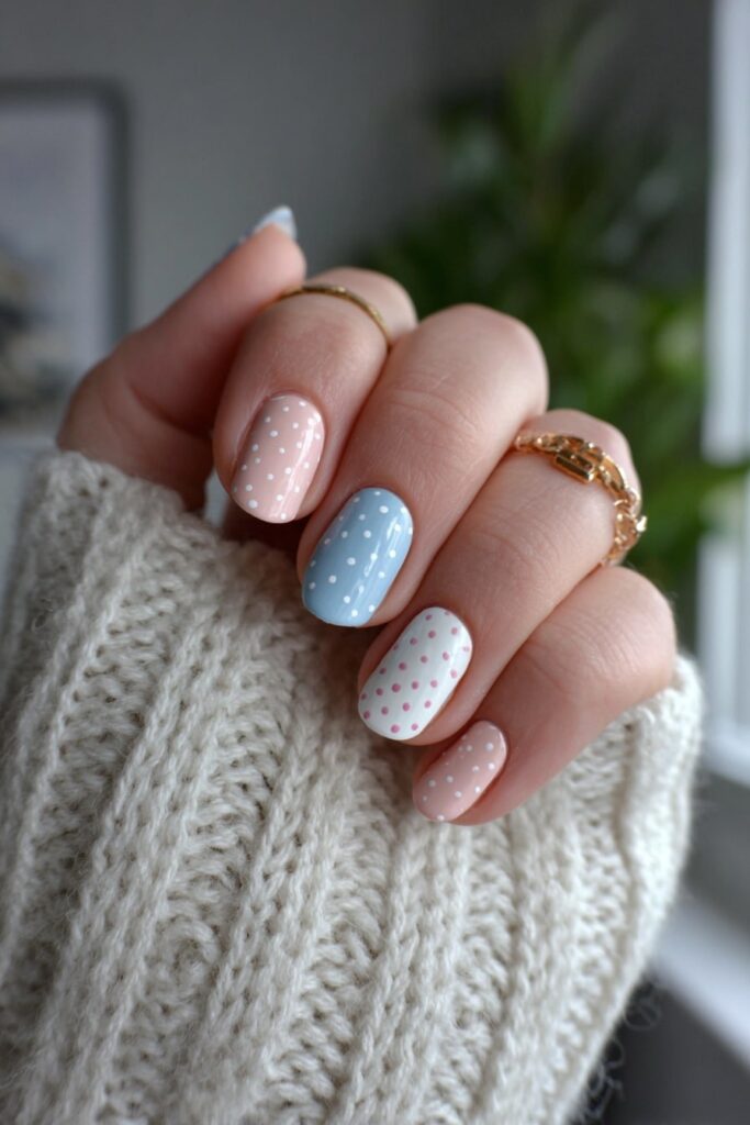 White base nails with minimal pastel pink and blue dotted patterns for a clean back to school style.