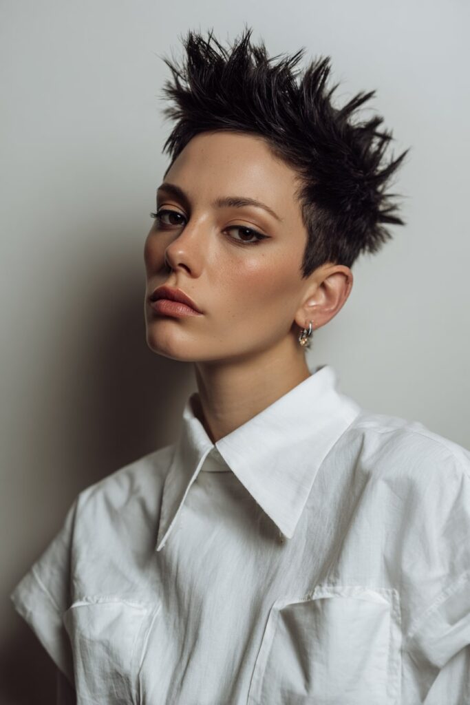 American female model with ultra-short hair styled into dramatic vertical spikes reaching upward, bold look with white background and modern styling.