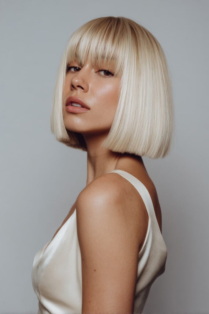 American woman with a platinum blonde asymmetrical bob, straight and sleek with a bold deep side part, clean lines and polished finish, seamless white background for modern styling.
