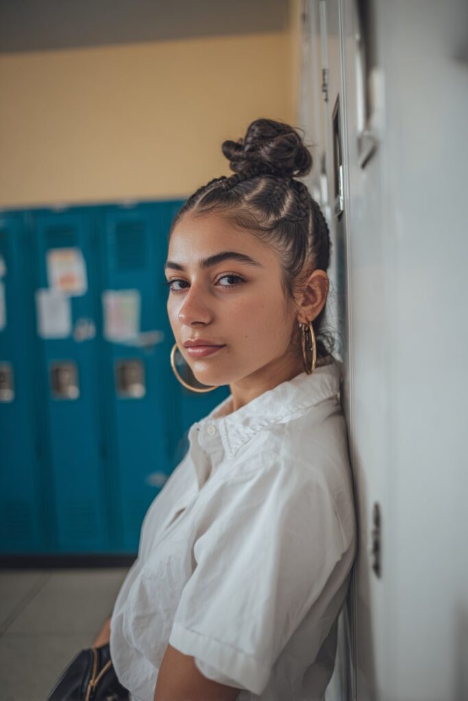 Girl with a sleek topknot braided into a bun, hoop earrings, and soft makeup, standing in front of a row of school lockers.