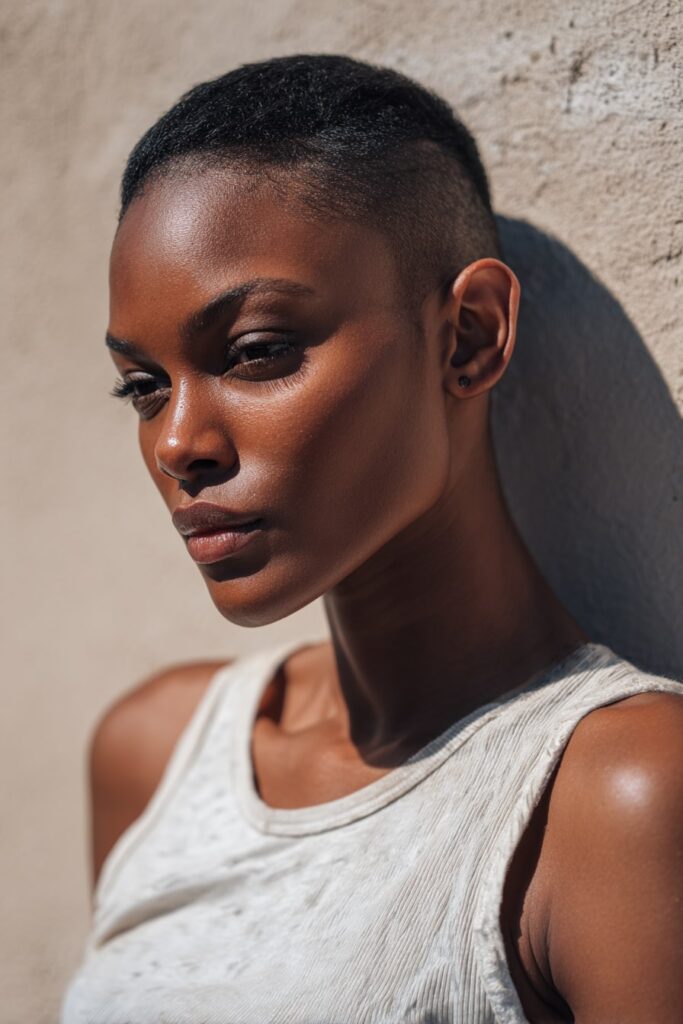 Stylish Black woman with a sleek tapered pixie cut, smooth sides and sculpted baby hairs, minimal makeup and neutral outfit, in the Jayda Wayda style.
