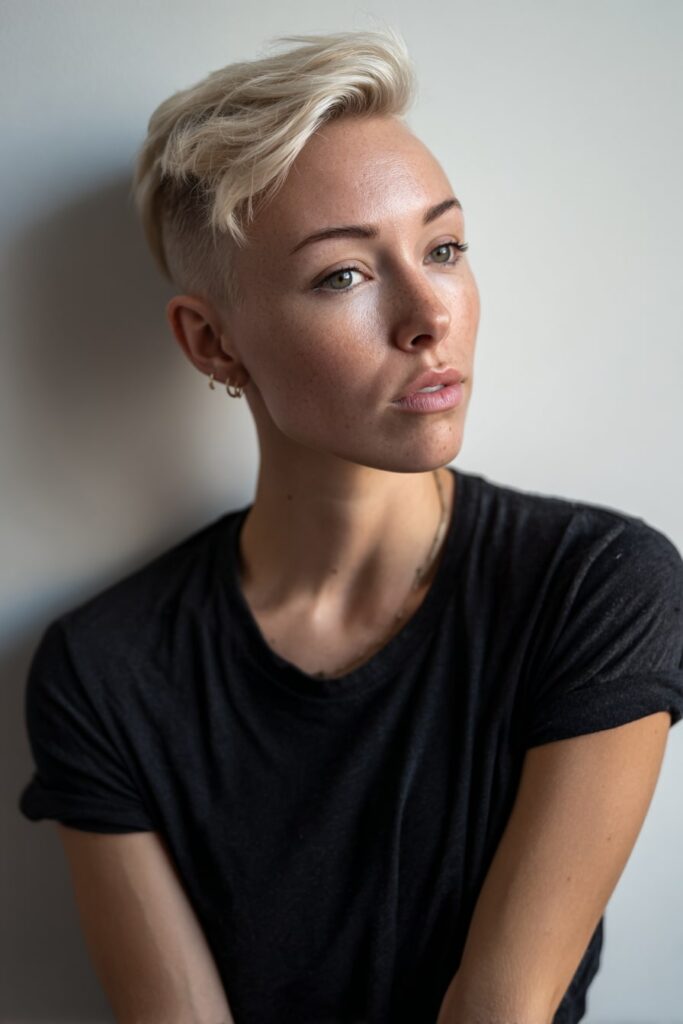 Platinum blonde pixie haircut slicked back with gloss, styled in a sleek and polished 90s look, minimal makeup, studio-lit on a seamless white backdrop.