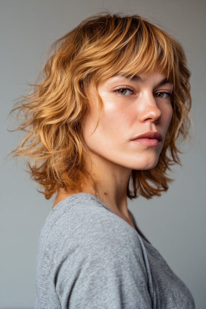 Soft and feathered pixie haircut with wispy layers and fringe, sandy blonde tone with a matte finish, dewy makeup look, set against a soft gray fabric background.