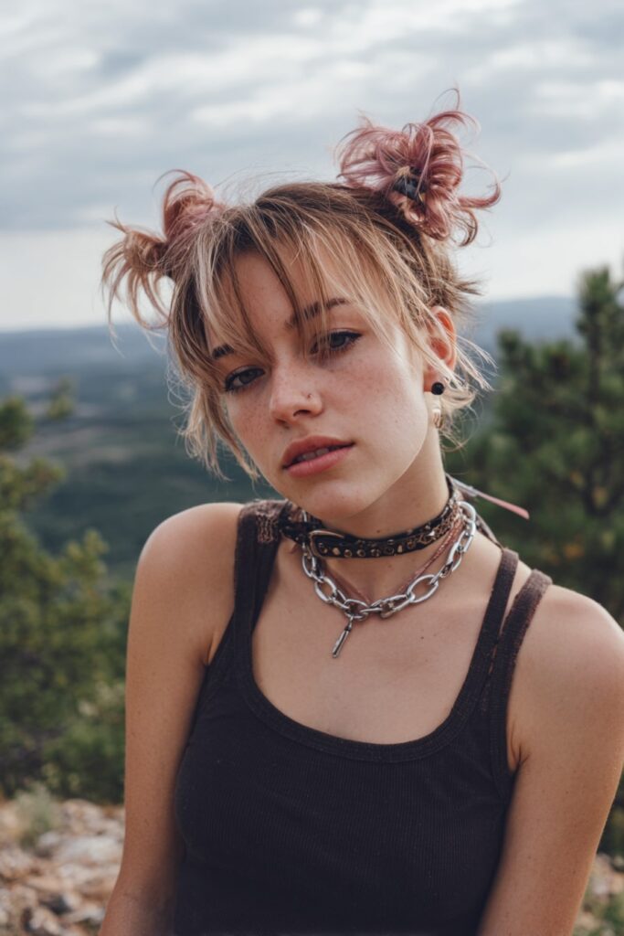 Iconic 90s grunge hairstyle with two messy space buns high on each side, flyaway texture, faded pink color over brown base, model wearing black tank in forest setting.