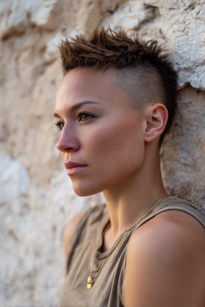 Modern faux hawk cut with short sides and a bold strip of spiky hair through the center, styled upward for definition, shot against a textured plaster wall.