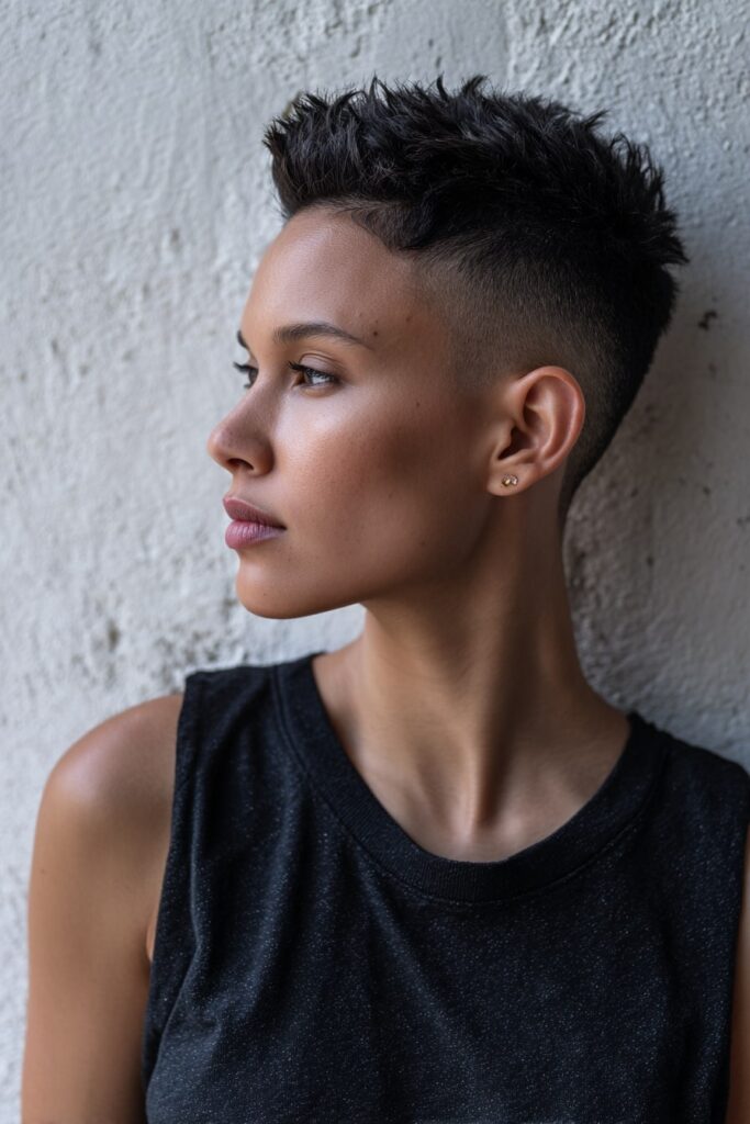 High-contrast spiky top paired with sharp razor fade on the sides, model dressed in black modern streetwear against a gritty gray plaster wall.