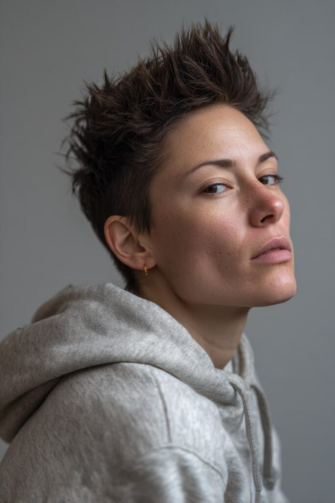 Short hairstyle featuring a voluminous quiff at the front styled into loose spikes, polished look with smooth sides and light backlight.