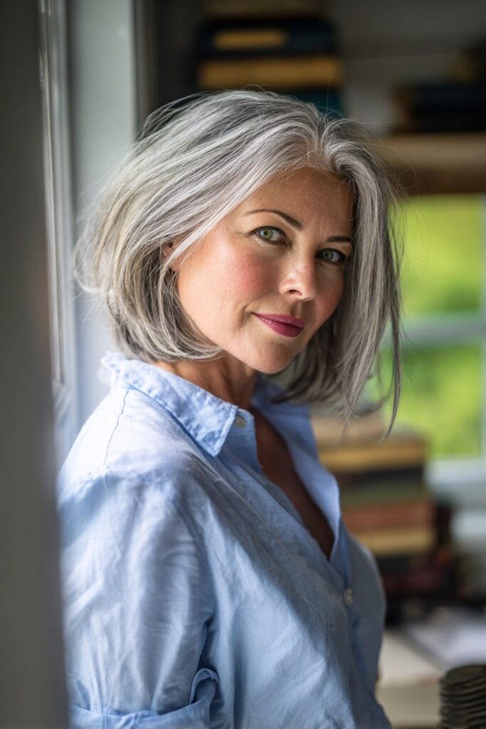 Graceful woman over 50 with a classic short stacked bob, clean lines and smooth finish, posed with a natural smile in portrait lighting.