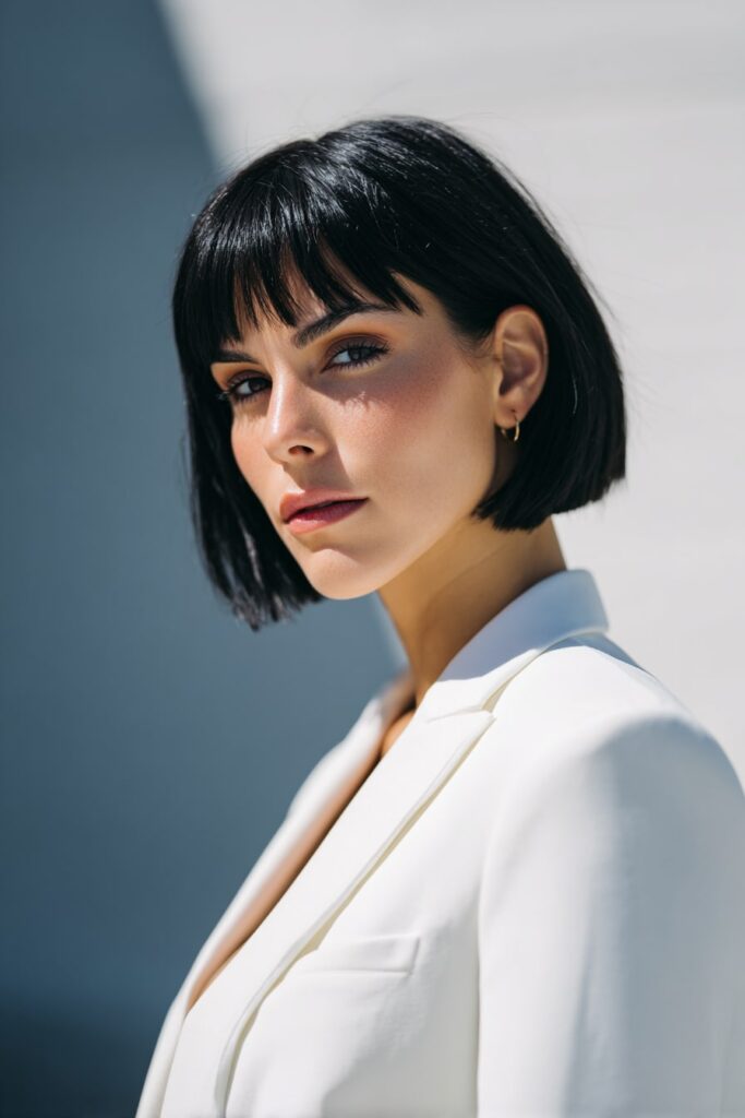 Chic mature woman with a stacked bob featuring blunt ends, defined structure and sleek sides, softly lit neutral photo background.