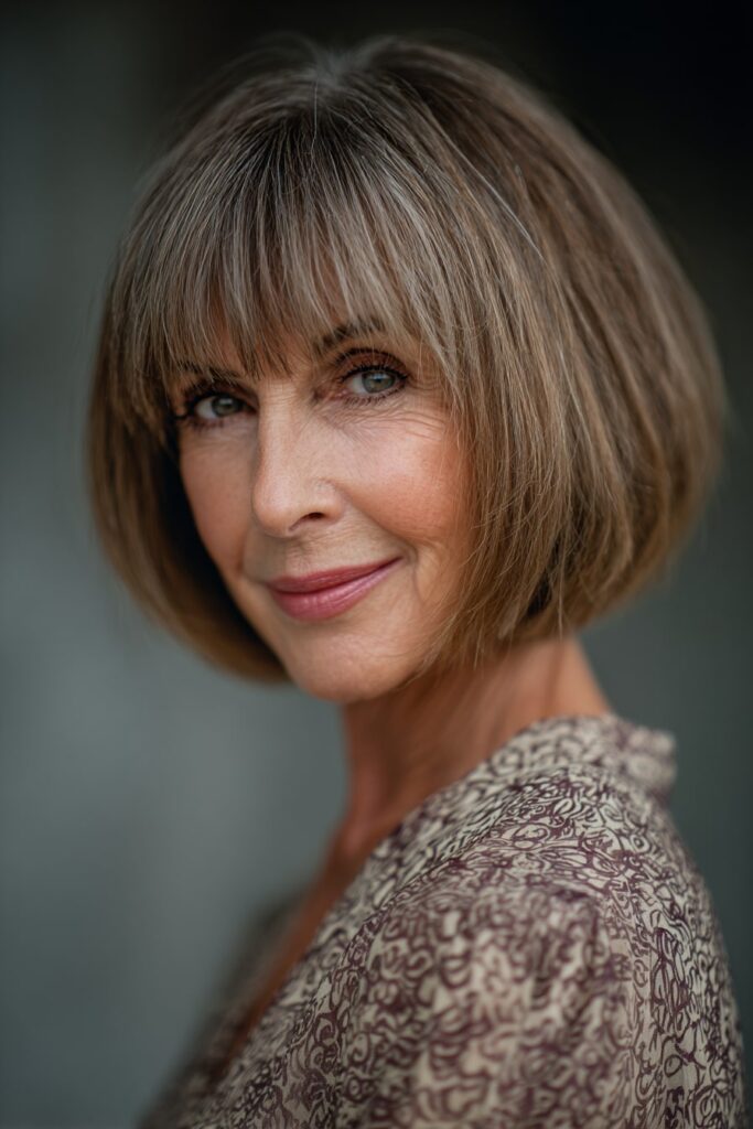 Mature woman with a stacked bob and full blunt bangs, sleek finish and deep brown tone, photographed in studio lighting.