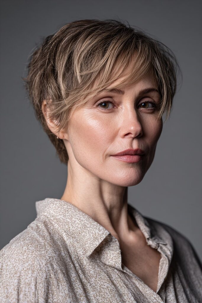 Trendy older woman with a stacked pixie bob, short and voluminous with tapering at the nape, captured in a well-lit modern portrait.
