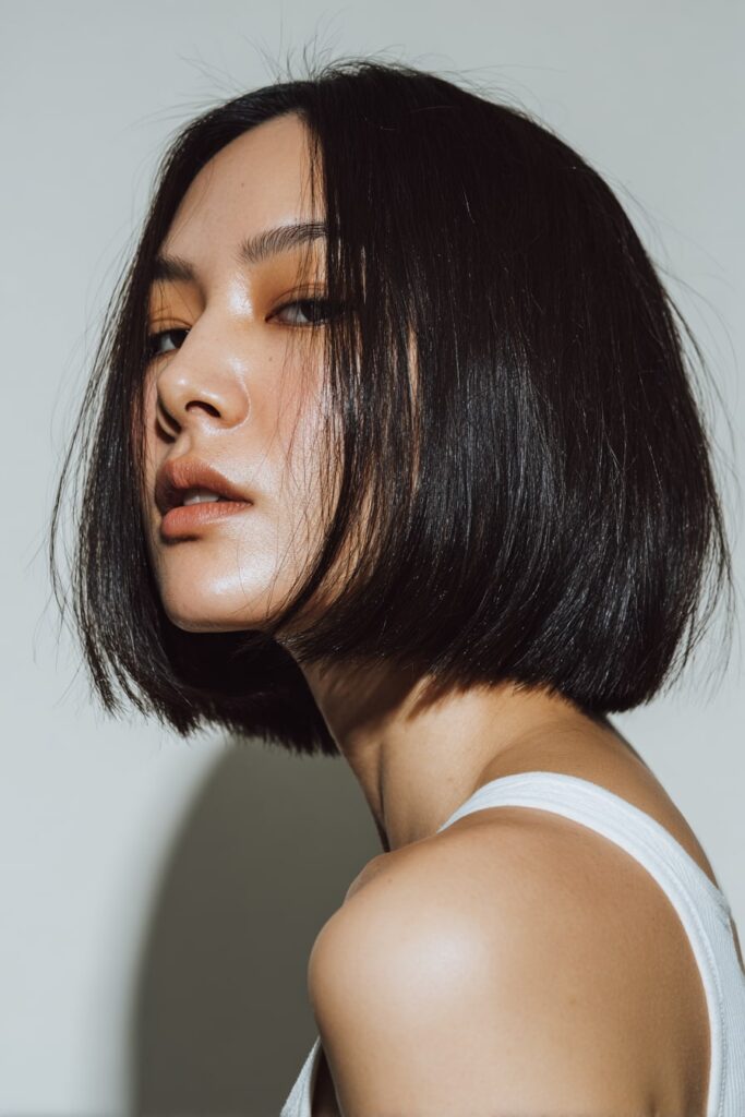 Clean-cut 90s bixie hairstyle on American woman, straight and sleek with a tapered nape and sharp side part, black hair with shine, minimalist style against a white backdrop.
