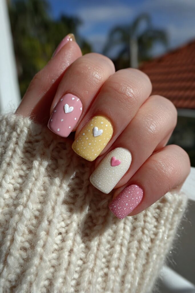 Soft pastel nails with small white and pink heart accents, ideal for a cute school-friendly design.