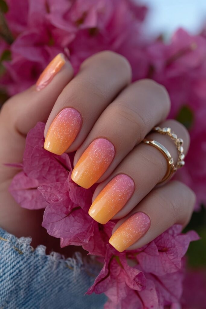 Gradient nails blending hot pink and orange for a sunset glow look with a glossy summer finish.
