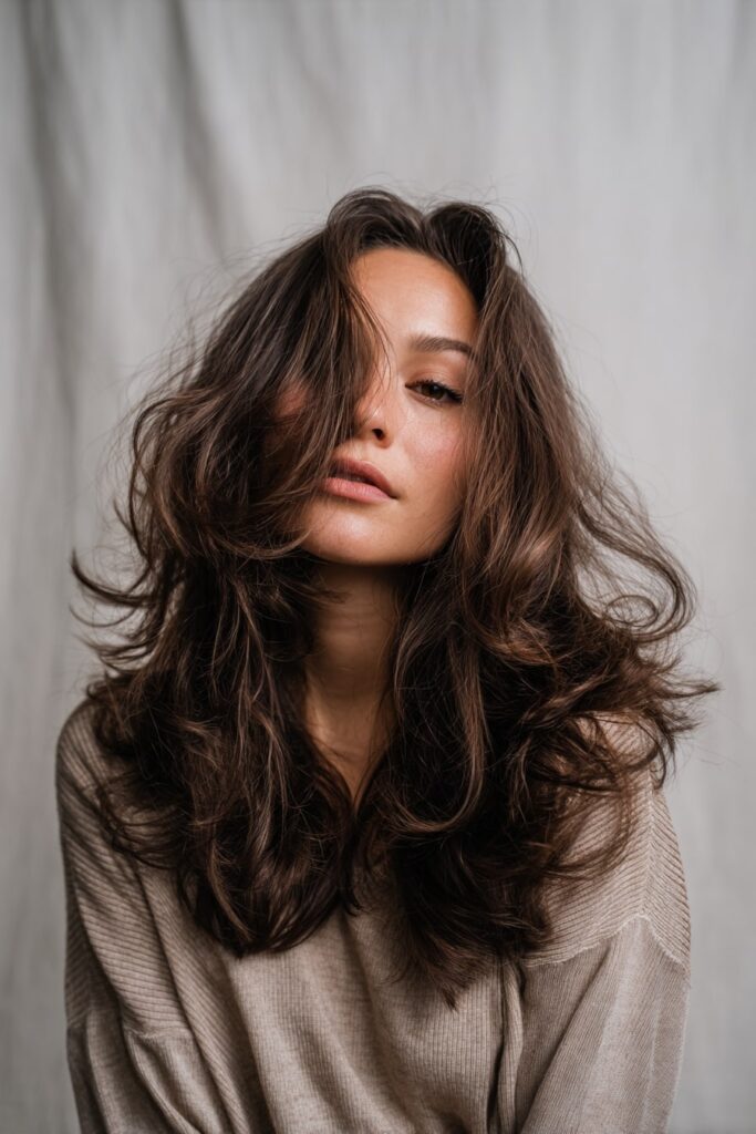Model with medium-long hair styled in swoopy layers and voluminous big curled ends, parted off-center and dressed in soft tones, against a fabric backdrop with neutral lighting.