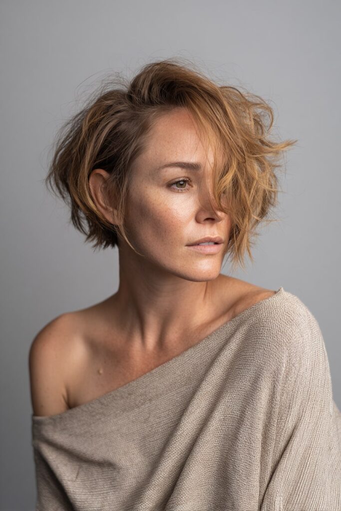 Model with a mid-length asymmetrical lob haircut, textured waves with one side slightly longer than the other, warm brunette tone, relaxed waves styled with volume, gray fabric background.